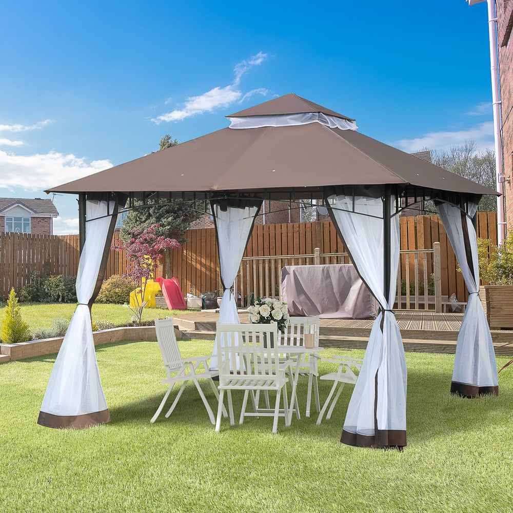 10' x 10' Double Tier Garden Gazebo Canopy Outdoor Sunshade Tent Anti-UV Roof with Metal Frame, Coffee