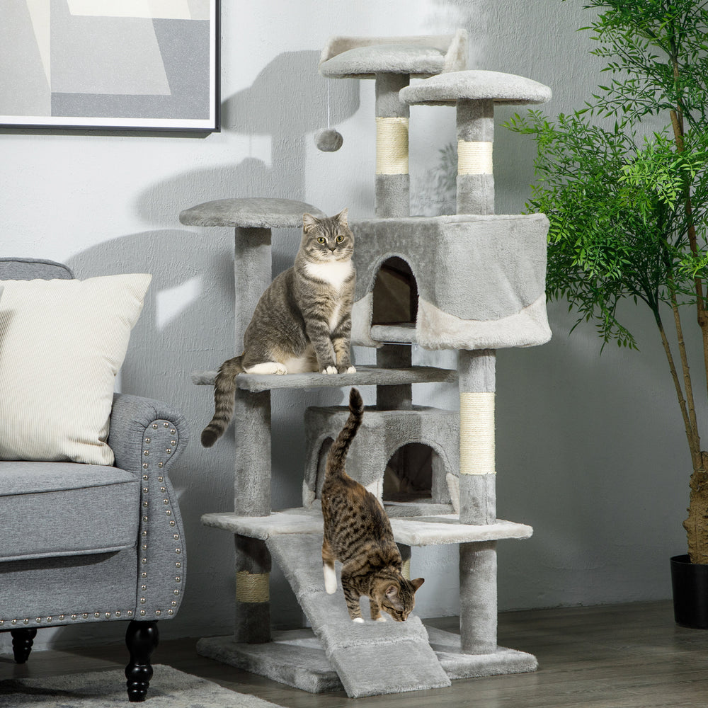 Arbre à chat gris de 53 pouces avec griffoir, grande maison de jeu et centre d’activités à plusieurs niveaux pour chatons