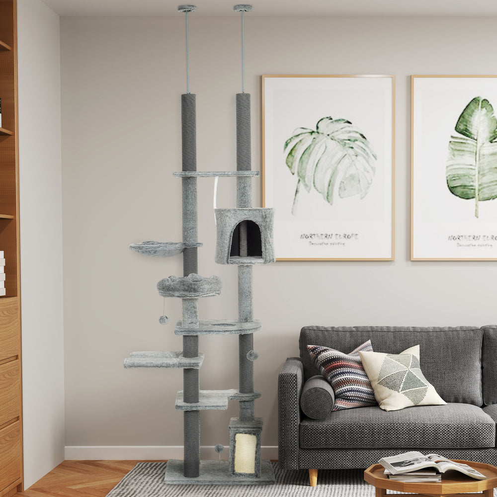 Arbre à chat à hauteur réglable avec tour d'escalade à plusieurs niveaux et griffoirs intégrés, idéal pour stimuler l'activité et le jeu des chats d’intérieur

