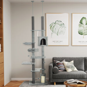 Arbre à chat à hauteur réglable avec tour d'escalade à plusieurs niveaux et griffoirs intégrés, idéal pour stimuler l'activité et le jeu des chats d’intérieur

