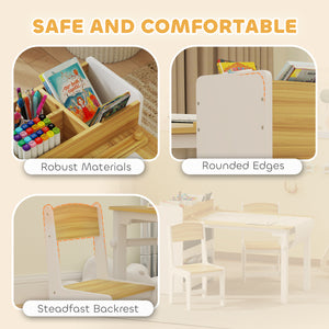 Table and chairs with paper roll, storage shelves and drawers, natural wood