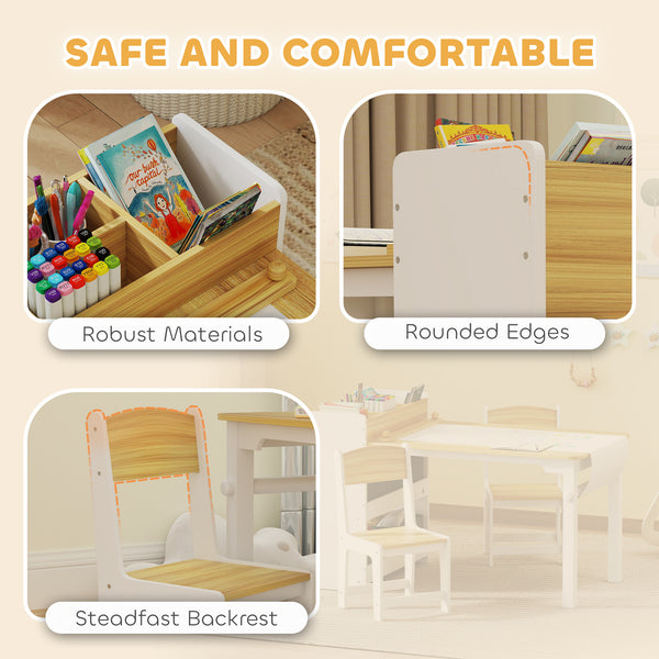 Table and chairs with paper roll, storage shelves and drawers, natural wood