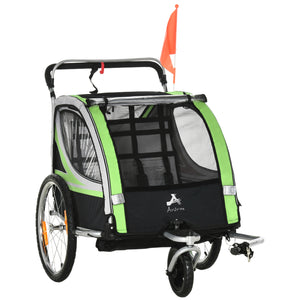 2-seater child bike trailer with 5-point harness, waterproof cover, green
