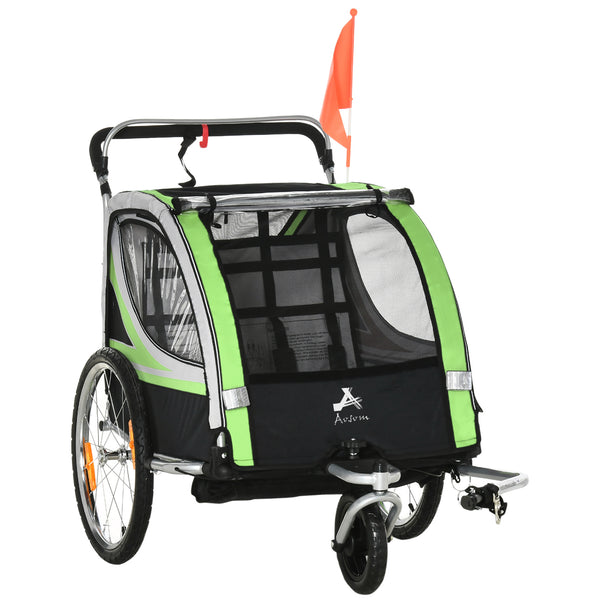 2-seater child bike trailer with 5-point harness, waterproof cover, green