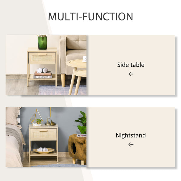 Narrow bedside table with rattan elements