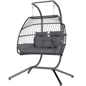Double wicker swing with stand, foldable and hanging, UV-resistant cushion, headrest, dark gray