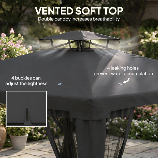 9.6' x 9.6' garden pavilion with steel frame and mosquito netting, dark grey