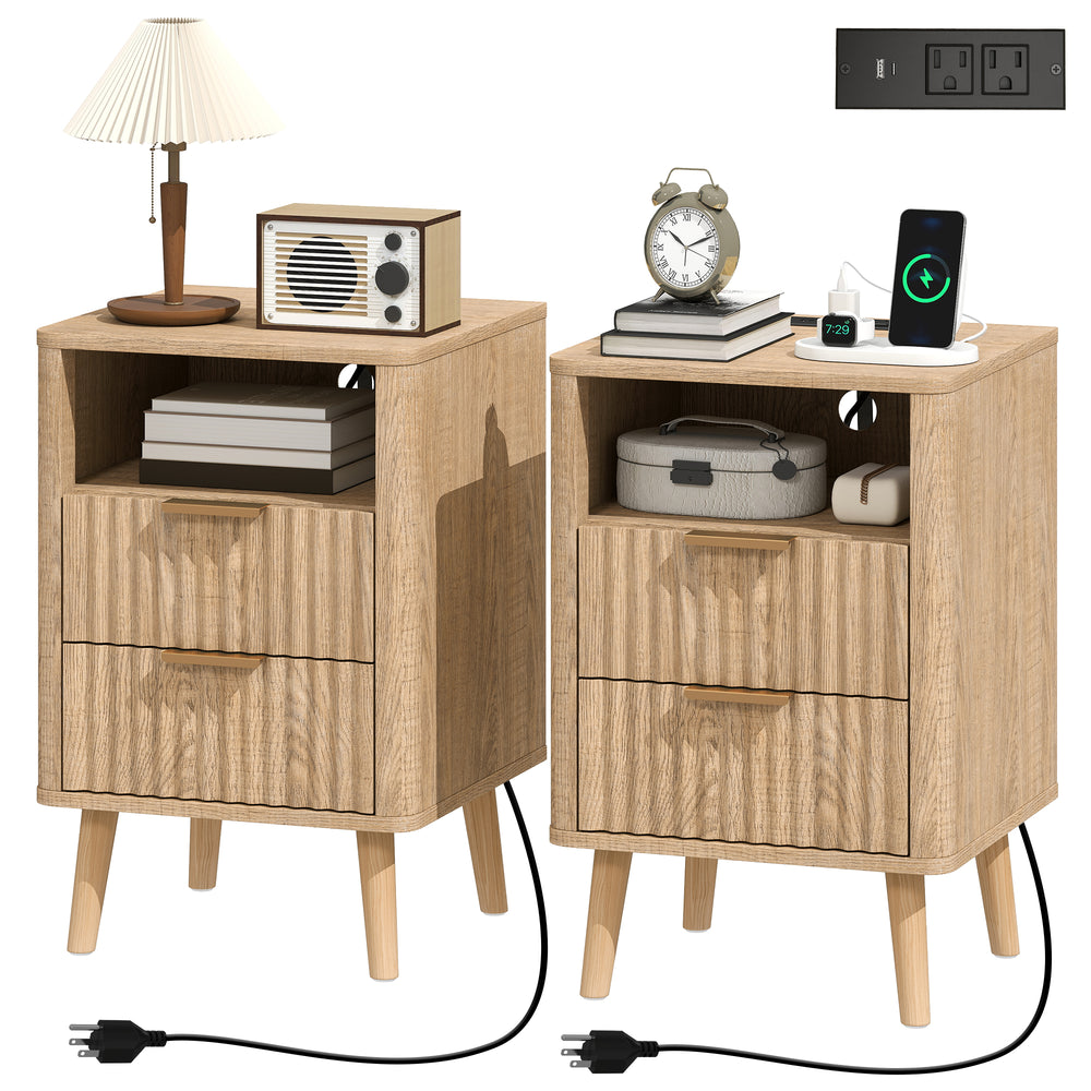 Set of 2 Modern Nightstands with Charging Station, 2 Drawers and Open Shelf, Oak
