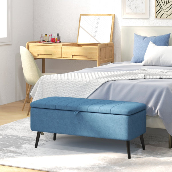 Linen Upholstered Storage Pouf with Steel Legs, Dark Blue