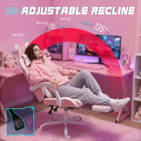 Gaming chair with cat ears and footrest, pink