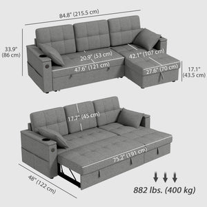 Convertible Sectional Sofa Bed with USB-A+C Port, Gray