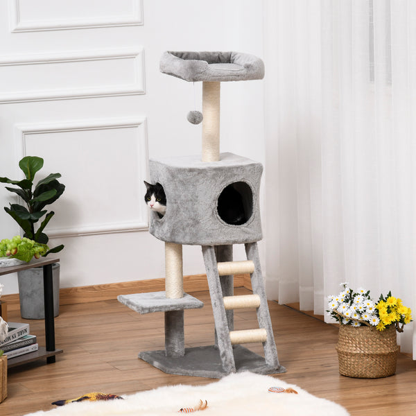 119 cm high cat tree with niche, ladder, scratching posts and hanging ball, light grey