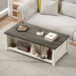 Farmhouse Coffee Table with Drawer and Open Shelf, Distressed White