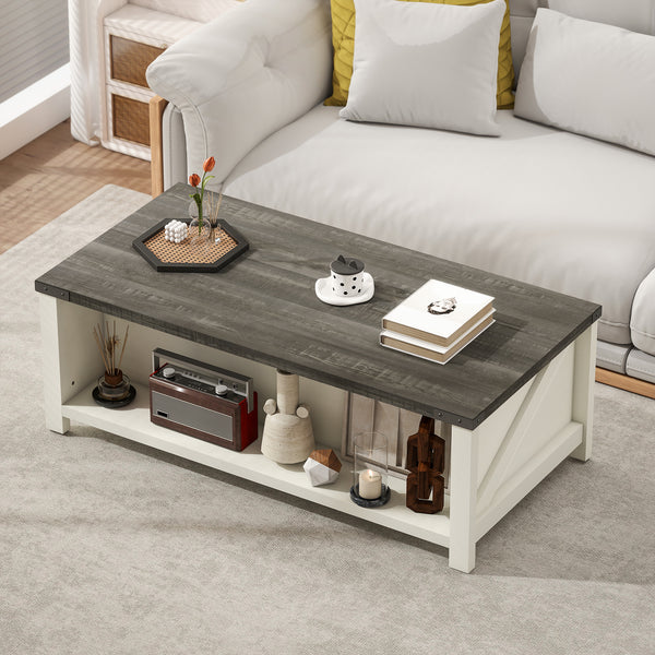 Farmhouse Coffee Table with Drawer and Open Shelf, Distressed White