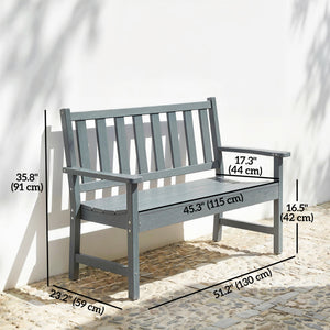 Weather-resistant outdoor bench made of HDPE, slatted seat for 2 people