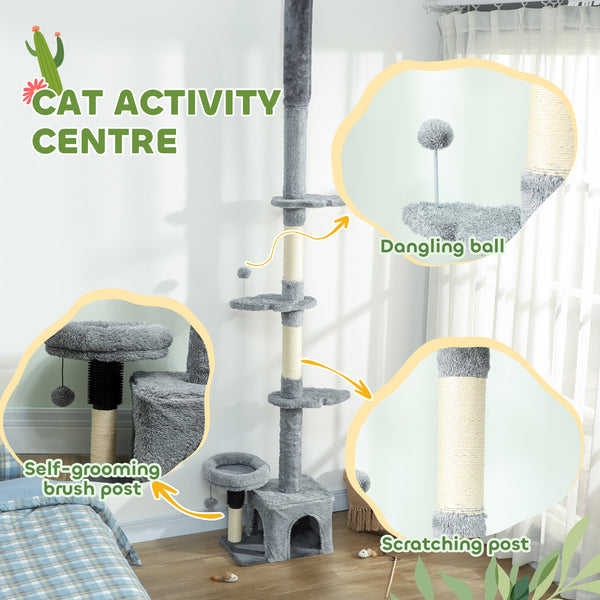 Cat tree with adjustable height from 221 to 254 cm, 4-level climbing tower with scratching post