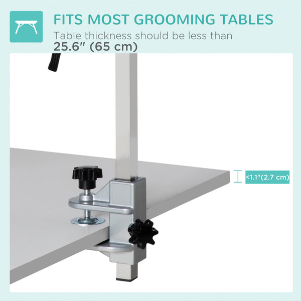 Adjustable grooming arm with clamp, hip supports, and grooming loop
