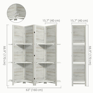 4-Panel Room Divider with 3 Storage Shelves, Distressed White
