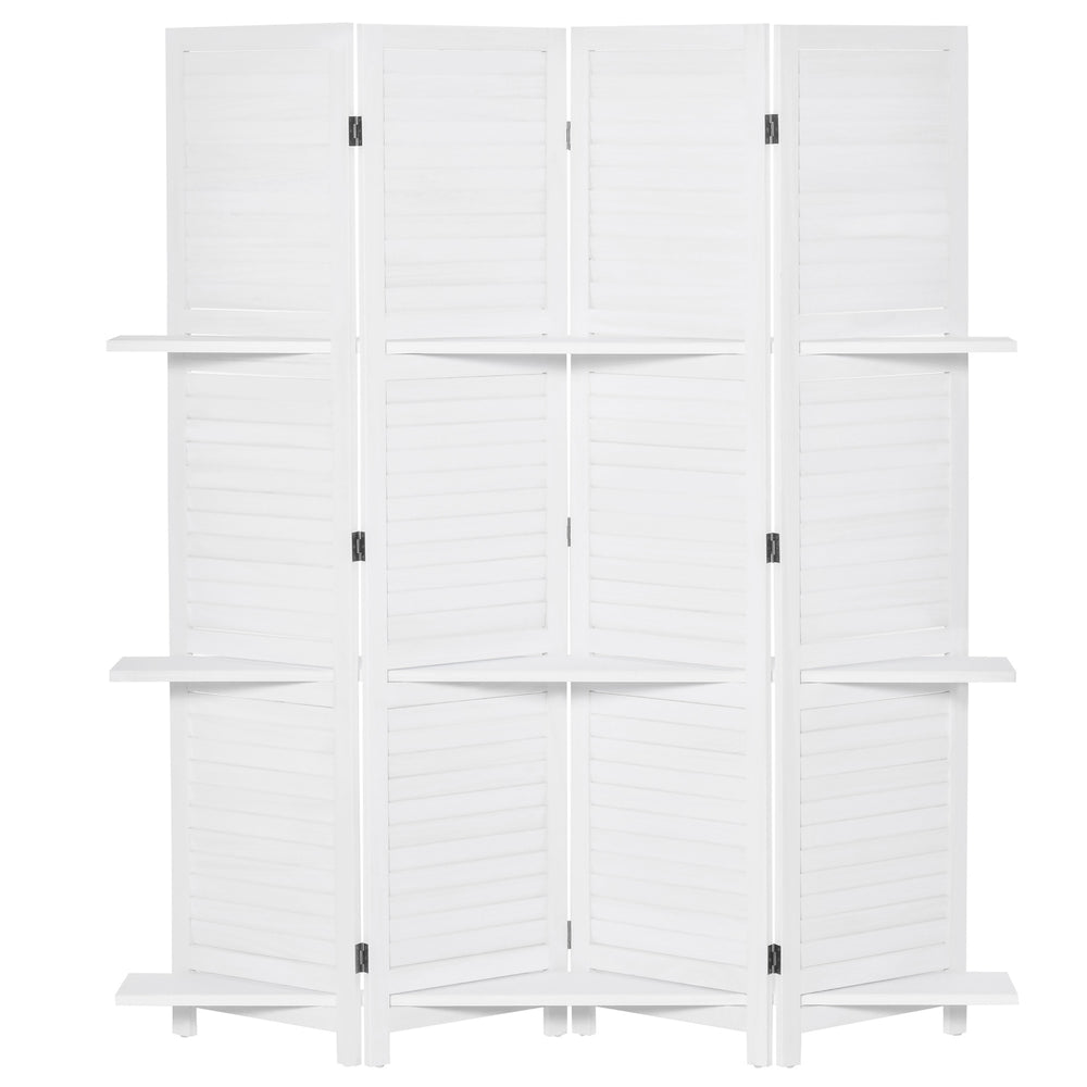 4-panel room divider with 3 storage shelves, white