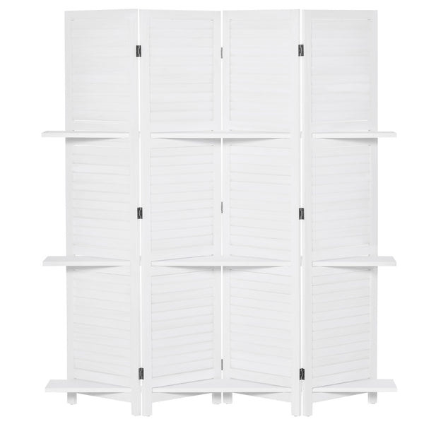 4-panel room divider with 3 storage shelves, white