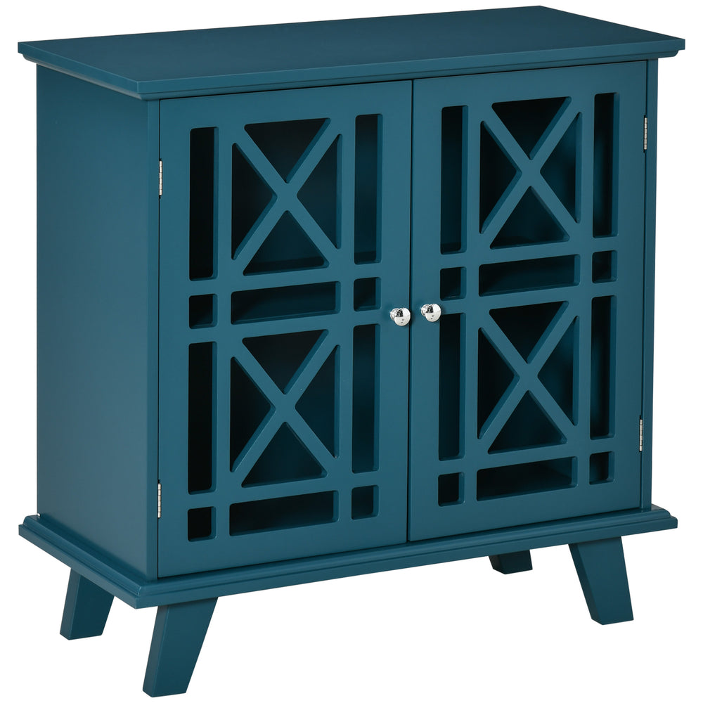 Buffet with openwork doors and shelf, modern freestanding storage unit, blue