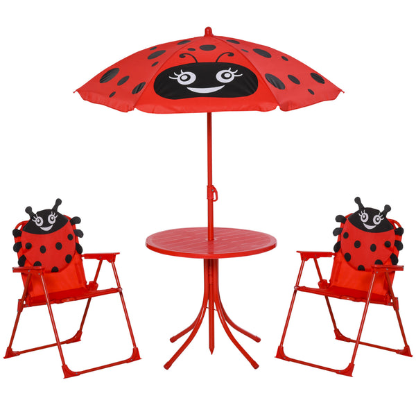 Kids Folding Picnic Table and Chair Set Pattern Outdoor Garden Patio Backyard with Removable & Height Adjustable Sun Umbrella Red