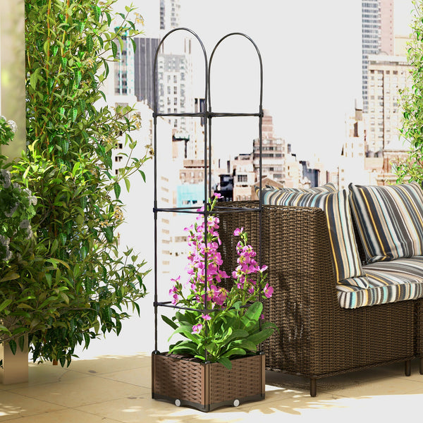 Raised planter with trellis, automatic watering disc and drainage holes