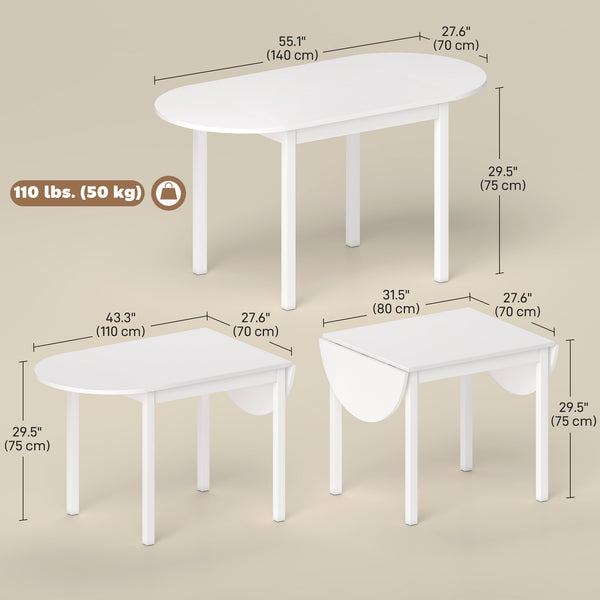 Solid wood drop-leaf kitchen table for small spaces, white