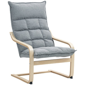 Modern upholstered armchair with curved legs and armrests, light grey