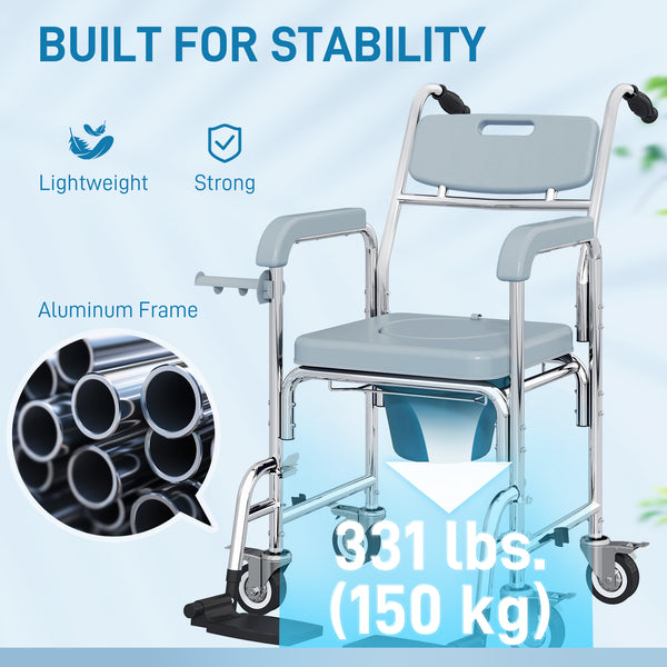 4-in-1 multifunctional commode and shower chair with wheels and footrest – Gray and silver