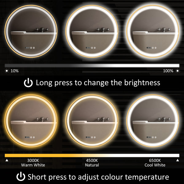 Round bathroom mirror with LED lighting with anti-fog coating, gold rim