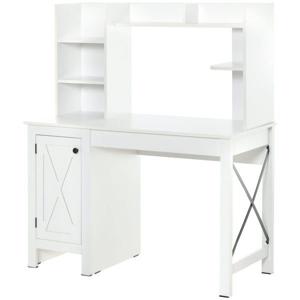 Farmhouse style computer desk with open shelves, white