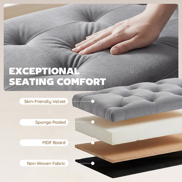 Ottoman storage bench, velvet tufted seat and gold legs – Gray and gold