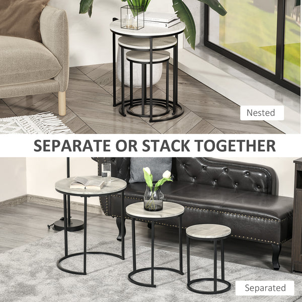 Set of 3 stackable nesting tables with steel frame, gray
