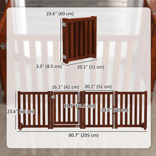 Foldable dog gate with door, 4 panels, brown