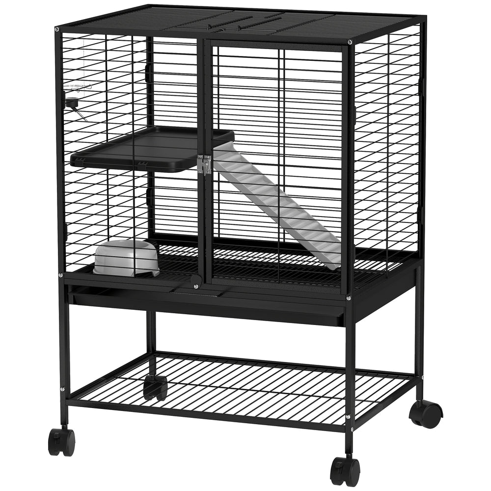 Rolling Cage for Small Animals with Removable Tray and Storage Shelf, Black