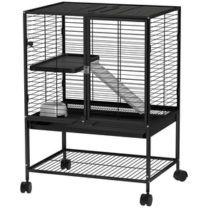 Rolling Cage for Small Animals with Removable Tray and Storage Shelf, Black