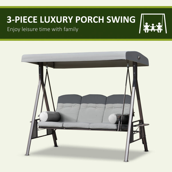 Swing chair for 3 people with steel canopy, light grey 