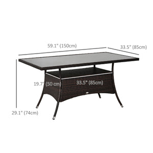 Rattan dining table with glass top and storage shelf, brown