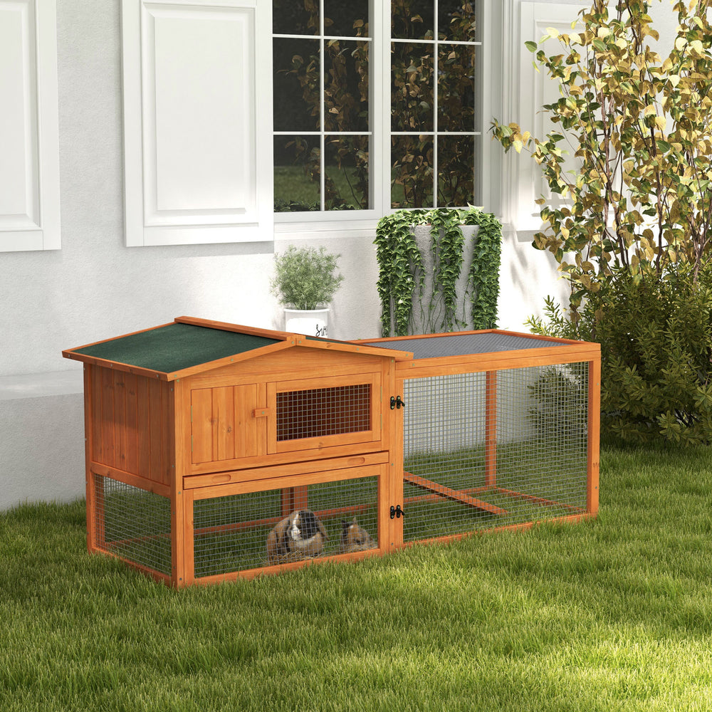 Wooden hutch with removable tray, opening roof, waterer, and run