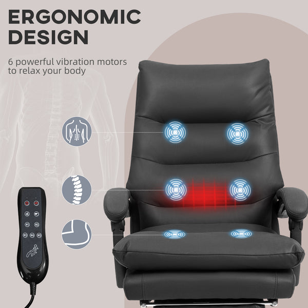 Executive office chair with 6-point massage and heating, reclining microfiber upholstery with footrest, black