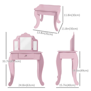 Dressing table set with folding mirrors, star and heart patterned drawer, pink