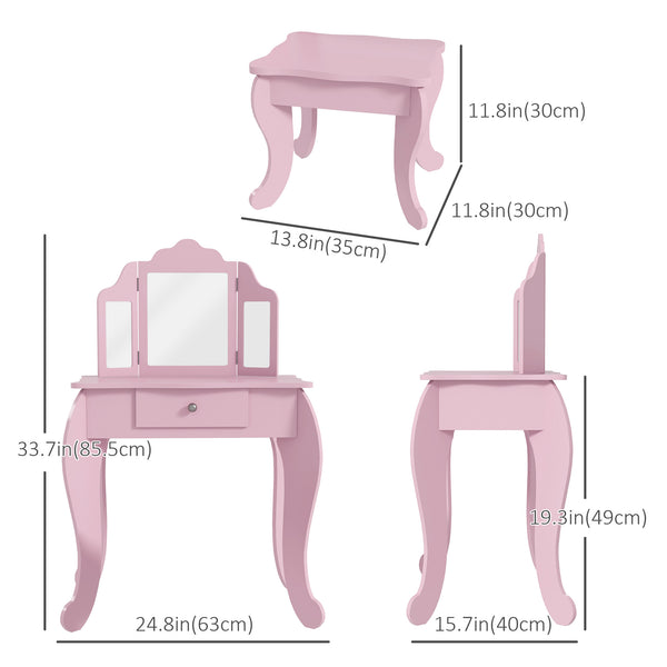 Dressing table set with folding mirrors, star and heart patterned drawer, pink