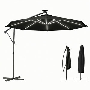 3m Cantilever Parasol with Solar Lighting, 360° Rotation, Tilt and Protective Cover, Black