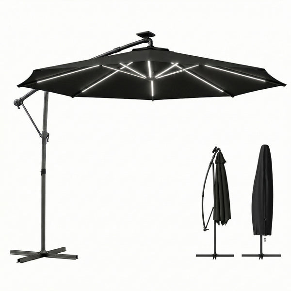 3m Cantilever Parasol with Solar Lighting, 360° Rotation, Tilt and Protective Cover, Black