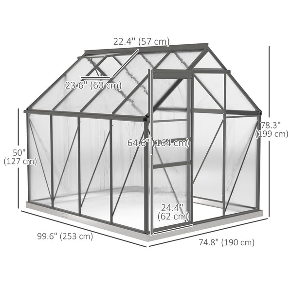 Greenhouse with adjustable roof ventilation, galvanized base, sliding door and gutter