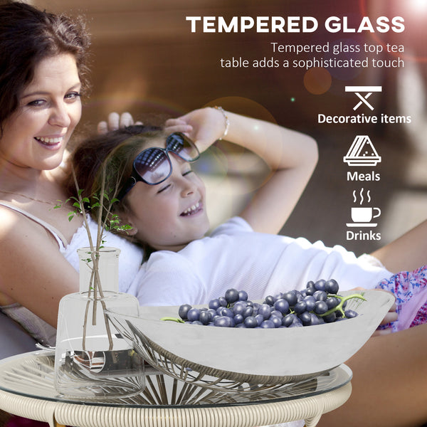 Rattan Side Table, Round Outdoor Table, with Round PE Rattan and Tempered Glass Table Top for Patio, Garden, Cream White