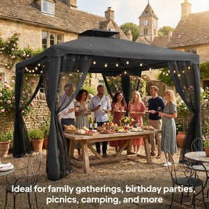 9.6' x 9.6' garden pavilion with steel frame and mosquito netting, dark grey