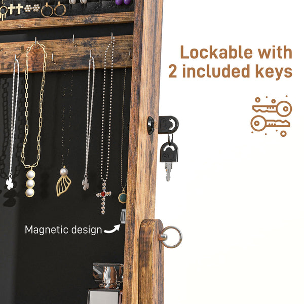 Lockable Jewelry Armoire with Full-Length Mirror and Jewelry Storage, Rustic Brown