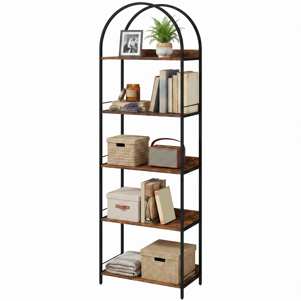 5-tier arched bookshelf with metal frame – Rustic brown and black